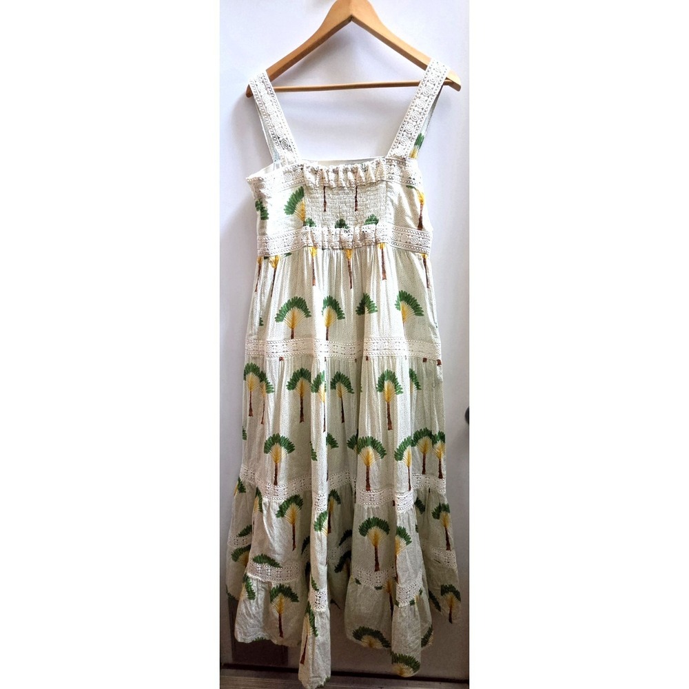 Calypso St. Barth Dress L Maxi Tiered Palm Trees Crochet Lace Straps Cream/Green - Picture 8 of 15